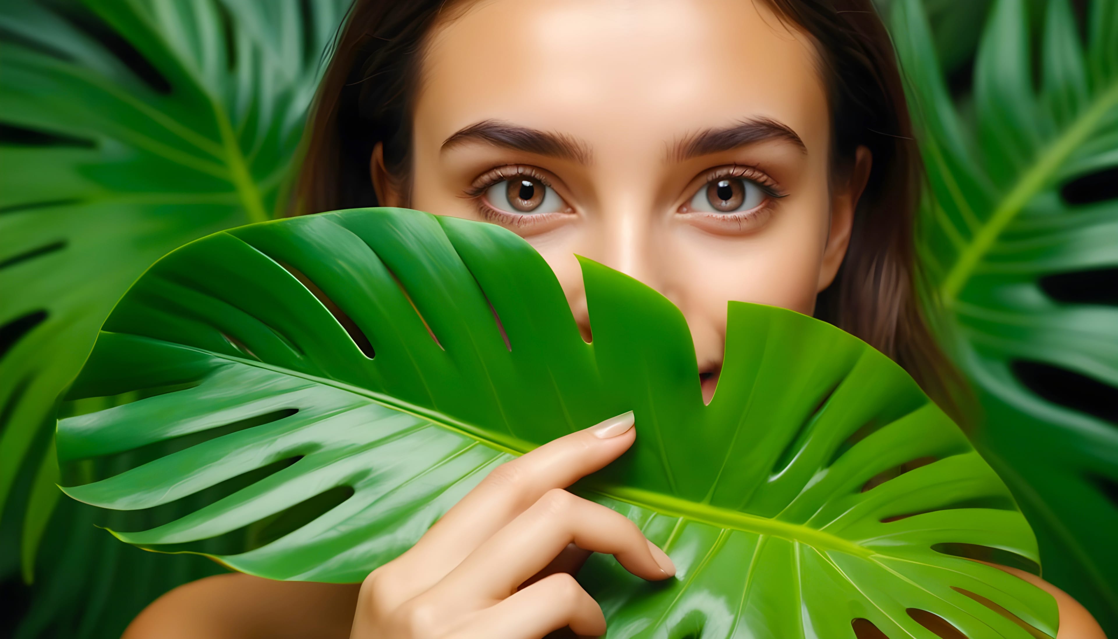 Woman behind leaf